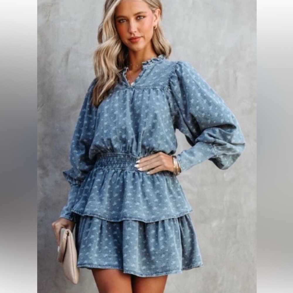 Fate Denim-Look Western Dress • Size M • Tiered Peplum • NWOT • Prairie Style